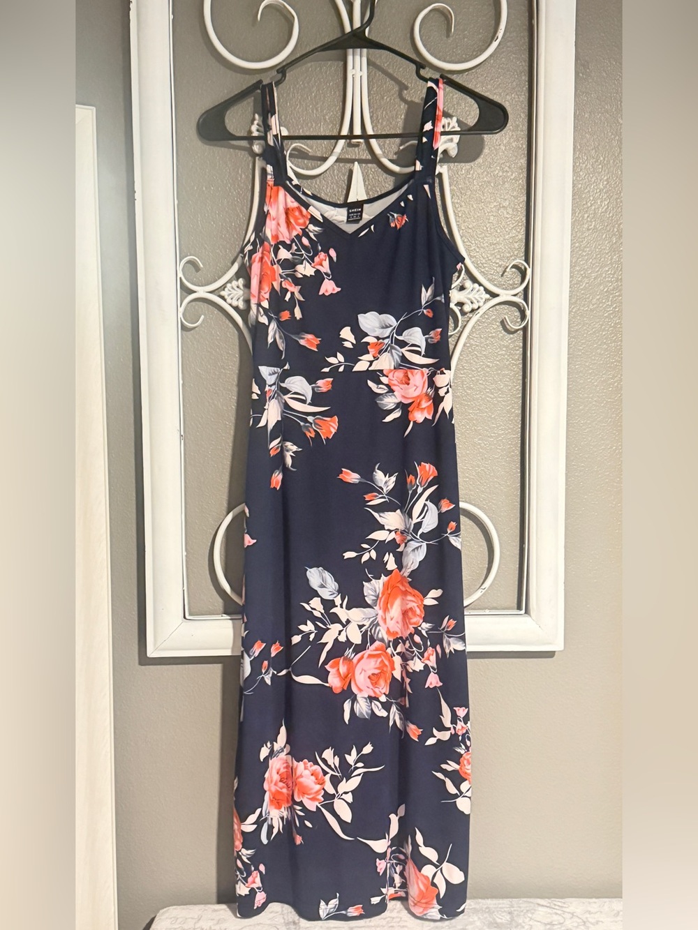 Floral Navy Maxi Dress with Coral Roses